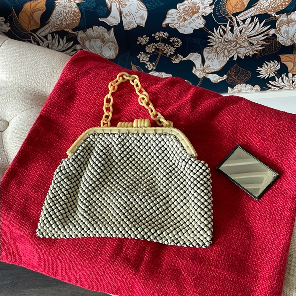 1930’s Whiting & Davis Cream Clutch with Metallic Mesh and Chain Handle & Mirror